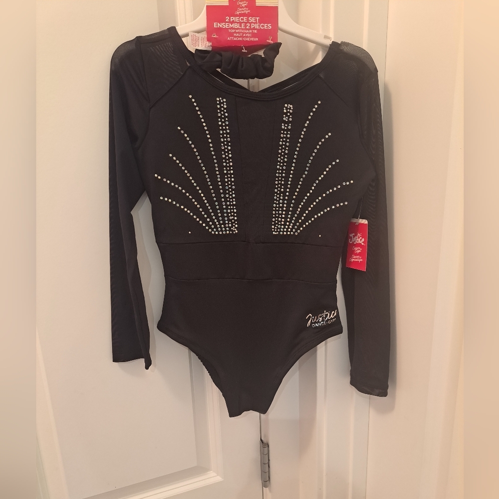 New Justice Girls Black Rhinestone Long Sleeve Mesh Dance/Gymnastics Leotard